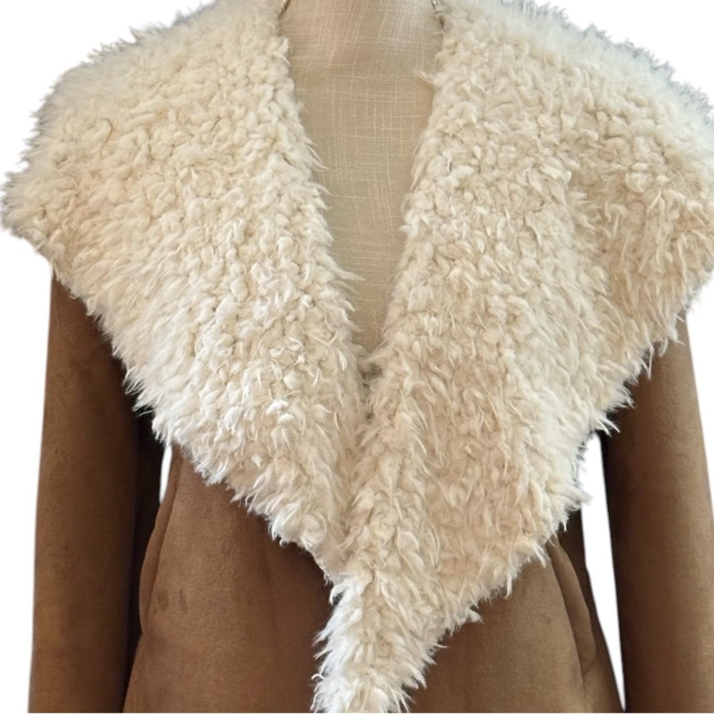 Women's Tan and Cream Shearling Jacket ~ Vegan Sherpa & Suede by Me Jane - Picture 11 of 16